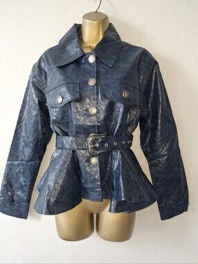 Textured Navy Belted Peplum Jacket - Women